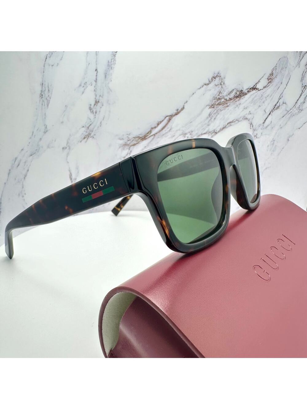 New GUCCI Sunglasses Brown Gold Red Green Web 55-20-145 mm Mens Square Gucci
